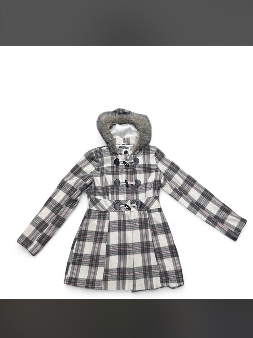Charlotte Russe Girls Gray Plaid Pea Coat with Faux Fur Hood